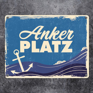 Metallschild mit Meer Motiv und Anker - Ankerplatz mit Wellen an der Nordsee
