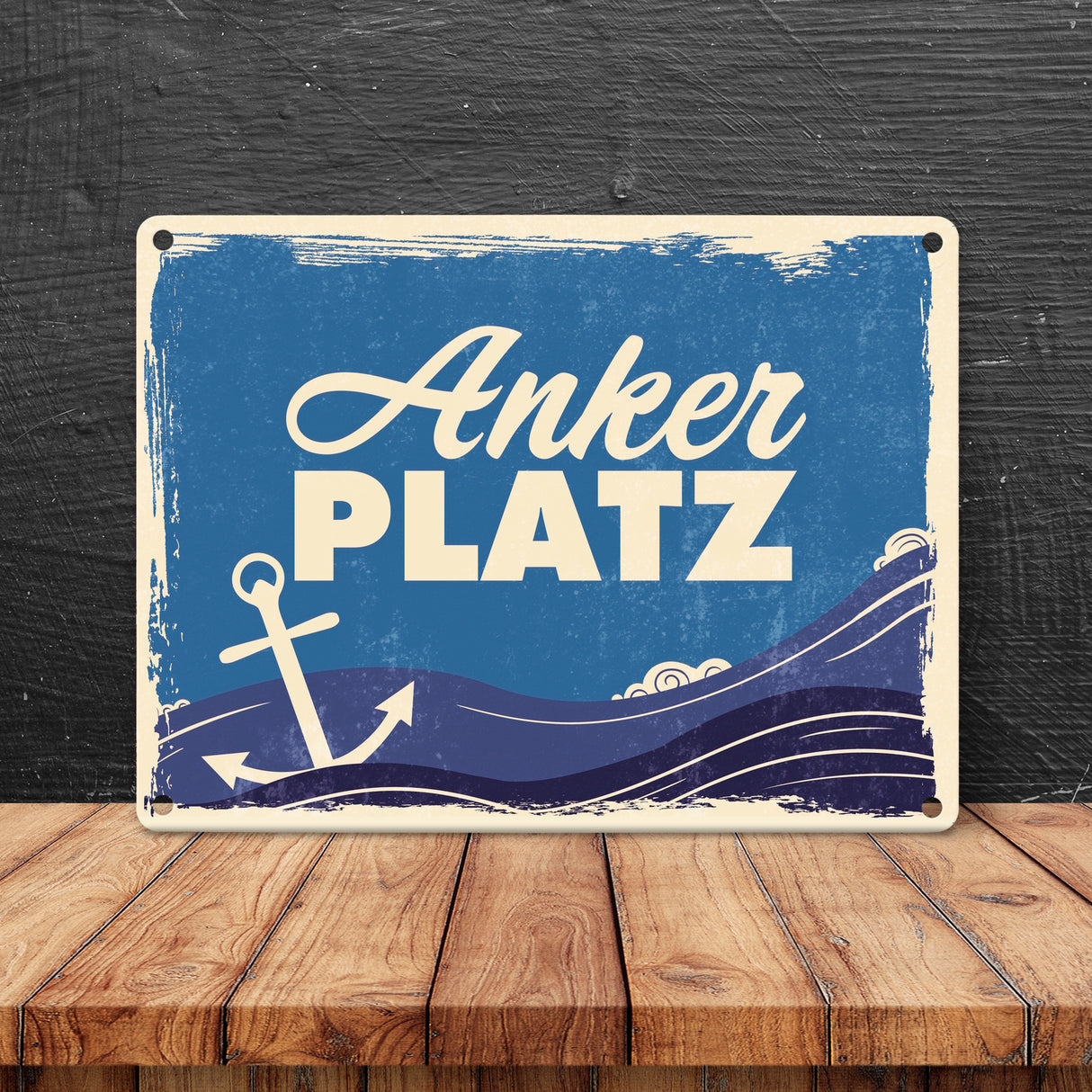 Metallschild mit Meer Motiv und Anker - Ankerplatz mit Wellen an der Nordsee