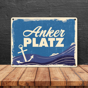 Metallschild mit Meer Motiv und Anker - Ankerplatz mit Wellen an der Nordsee