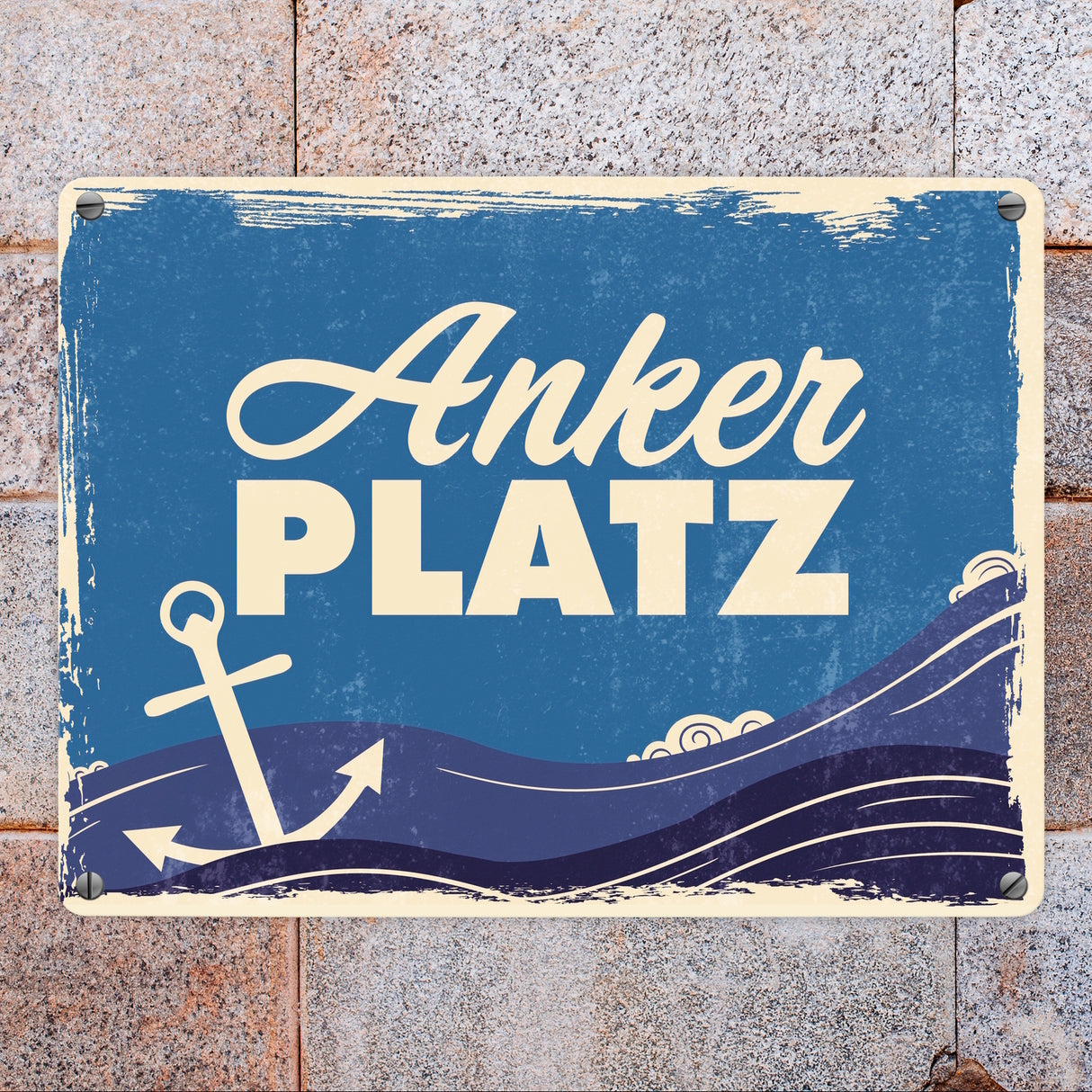 Metallschild mit Meer Motiv und Anker - Ankerplatz mit Wellen an der Nordsee