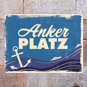 Metallschild mit Meer Motiv und Anker - Ankerplatz mit Wellen an der Nordsee