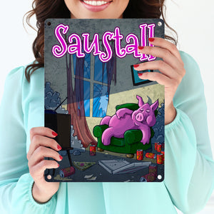 Metallschild mit Motiv - Saustall und Motiv: dickes Schwein liegt auf Couch
