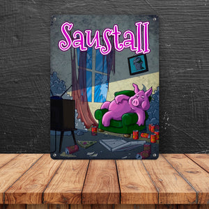 Metallschild mit Motiv - Saustall und Motiv: dickes Schwein liegt auf Couch