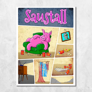 Magnetset mit Saustall Motiv: dickes Schwein liegt auf Couch 8er Set Magnete