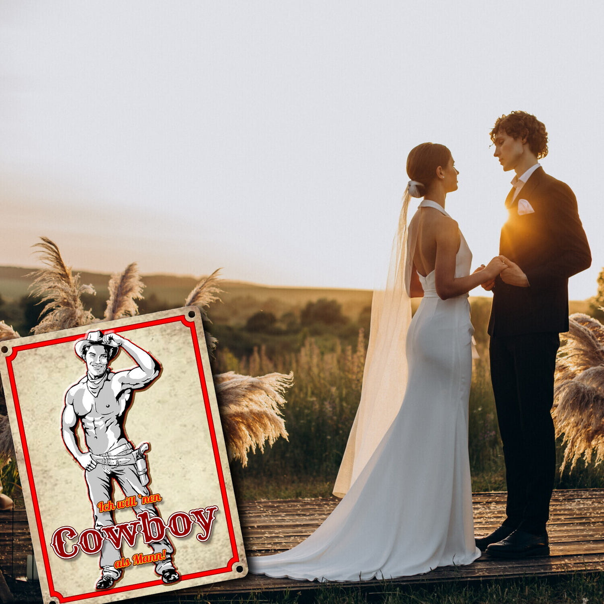 Metallschild mit sexy Cowboy und Spruch - Ich will 'nen Cowboy als Mann