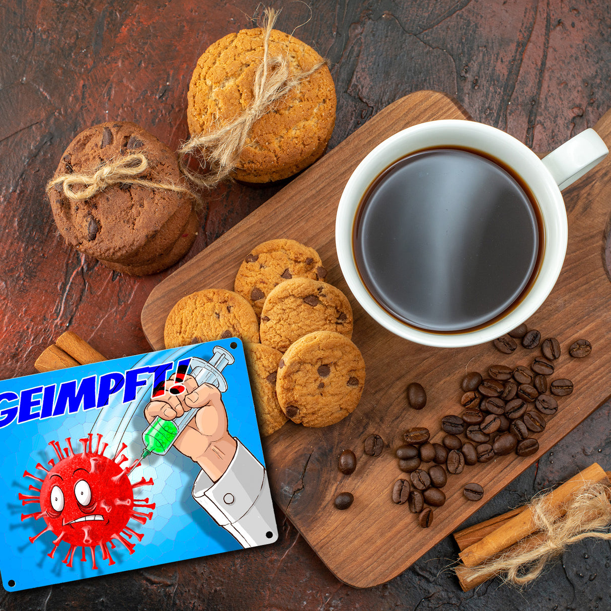 Metallschild mit Virus und Spritzen Motiv - Geimpft! Lustiger Impfhumor