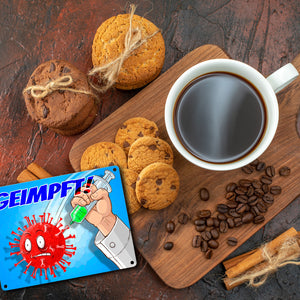 Metallschild mit Virus und Spritzen Motiv - Geimpft! Lustiger Impfhumor