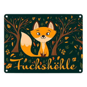 Metallschild mit niedlichem Fuchs im Wald und Herbst Motiven - Fuchshöhle