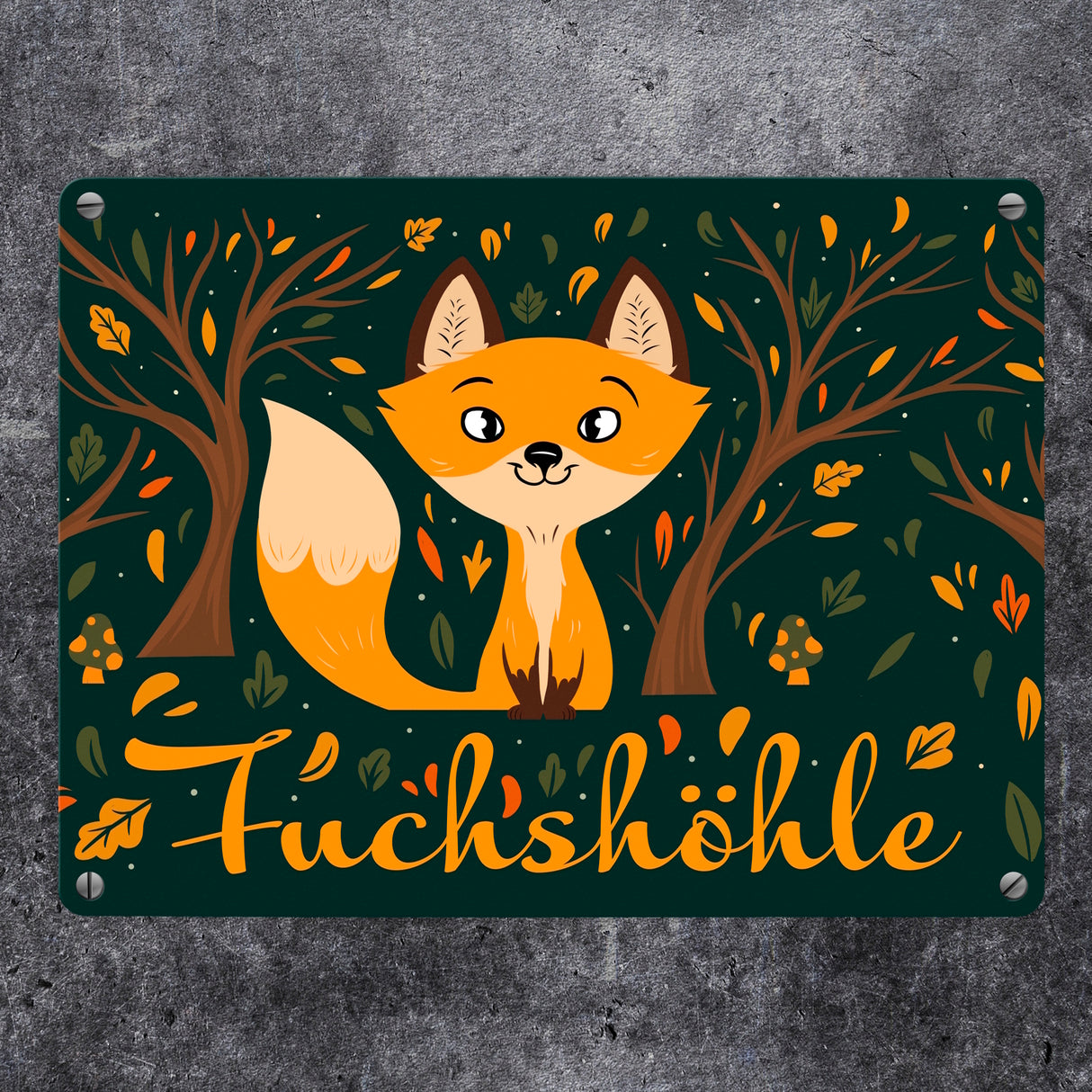 Metallschild mit niedlichem Fuchs im Wald und Herbst Motiven - Fuchshöhle