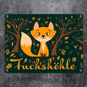 Metallschild mit niedlichem Fuchs im Wald und Herbst Motiven - Fuchshöhle