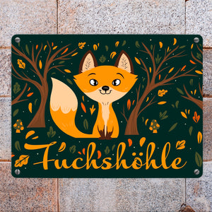 Metallschild mit niedlichem Fuchs im Wald und Herbst Motiven - Fuchshöhle