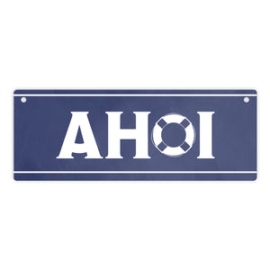 Metallschild mit maritimen Design - Ahoi Schriftzug mit Rettungsring Motiv