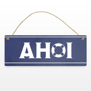 Metallschild mit maritimen Design - Ahoi Schriftzug mit Rettungsring Motiv