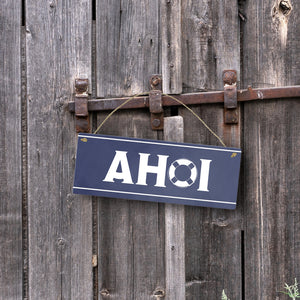 Metallschild mit maritimen Design - Ahoi Schriftzug mit Rettungsring Motiv