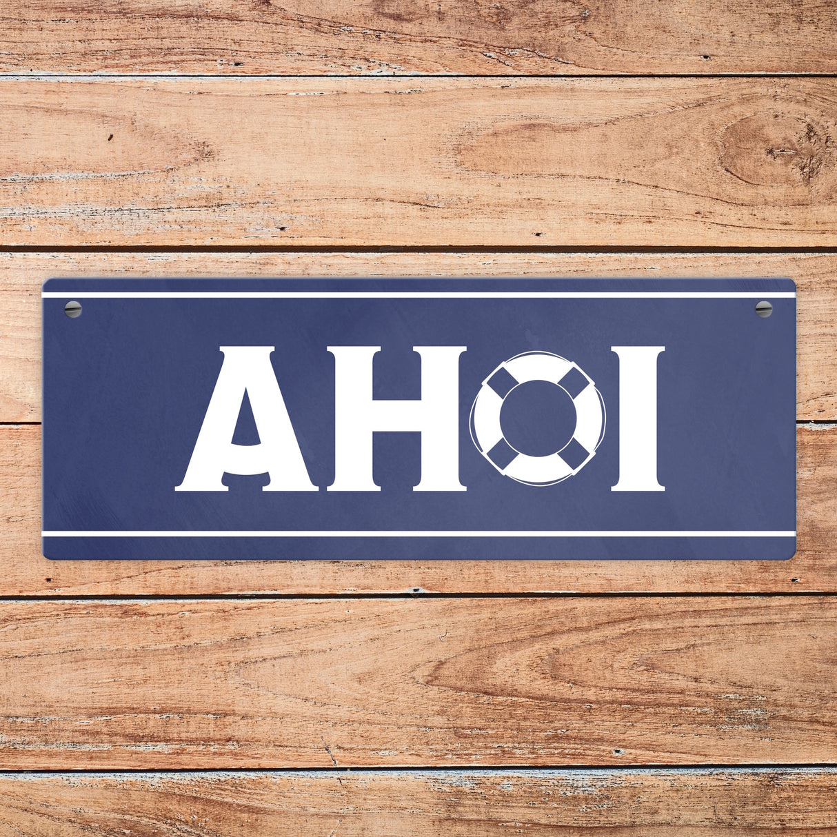 Metallschild mit maritimen Design - Ahoi Schriftzug mit Rettungsring Motiv