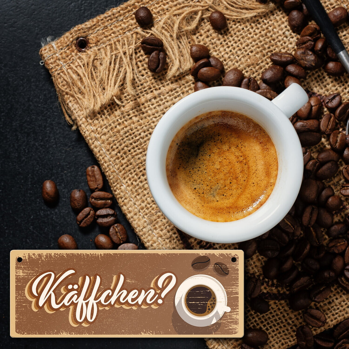 Metallschild mit trendigen Kaffee Motiven - Käffchen? für Kaffeetrinker