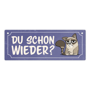Metallschild mit Spruch und genervter Comic Katze - Du schon wieder?