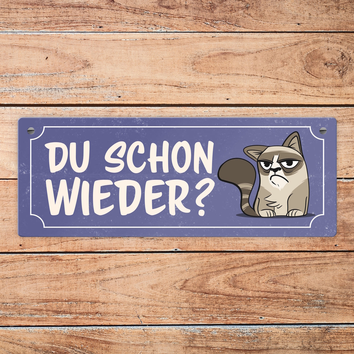 Metallschild mit Spruch und genervter Comic Katze - Du schon wieder?