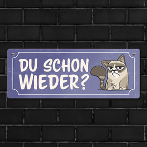 Metallschild mit Spruch und genervter Comic Katze - Du schon wieder?