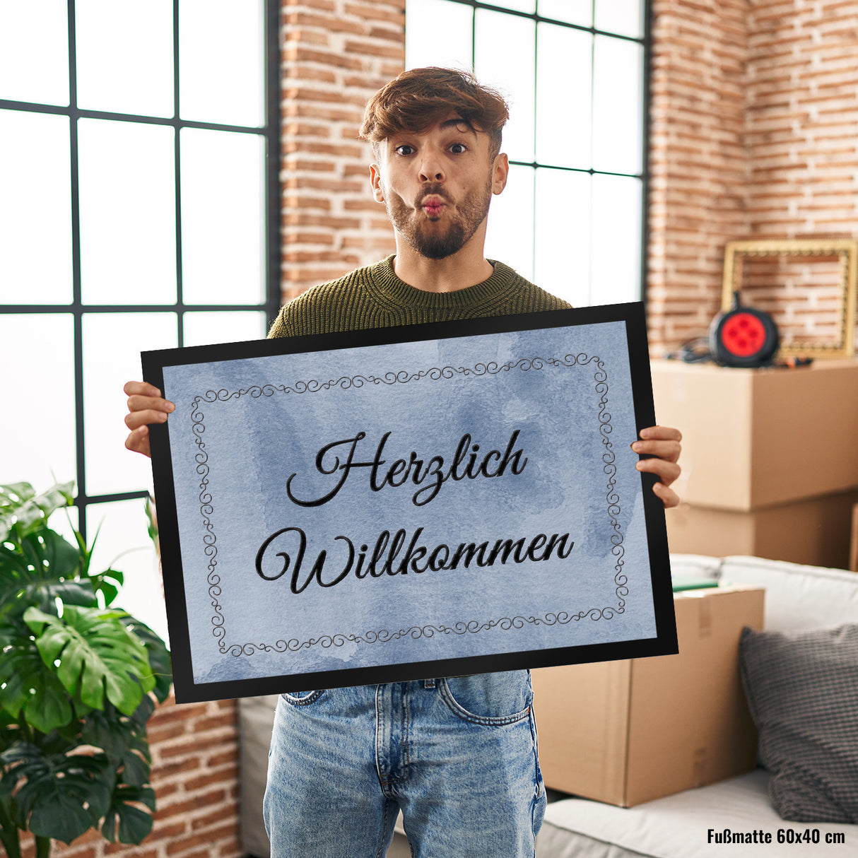 Herzlich Willkommen Fußmatte in 35x50 cm mit verschnörkeltem Rahmen