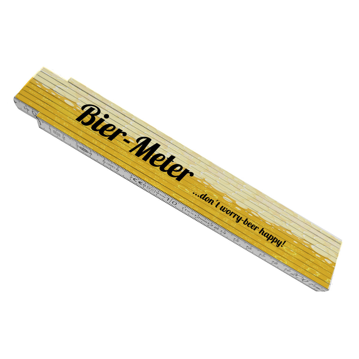 Bier-Meter don´t worry- beer happy! Meterstab aus Holz mit Bier Hintergrund