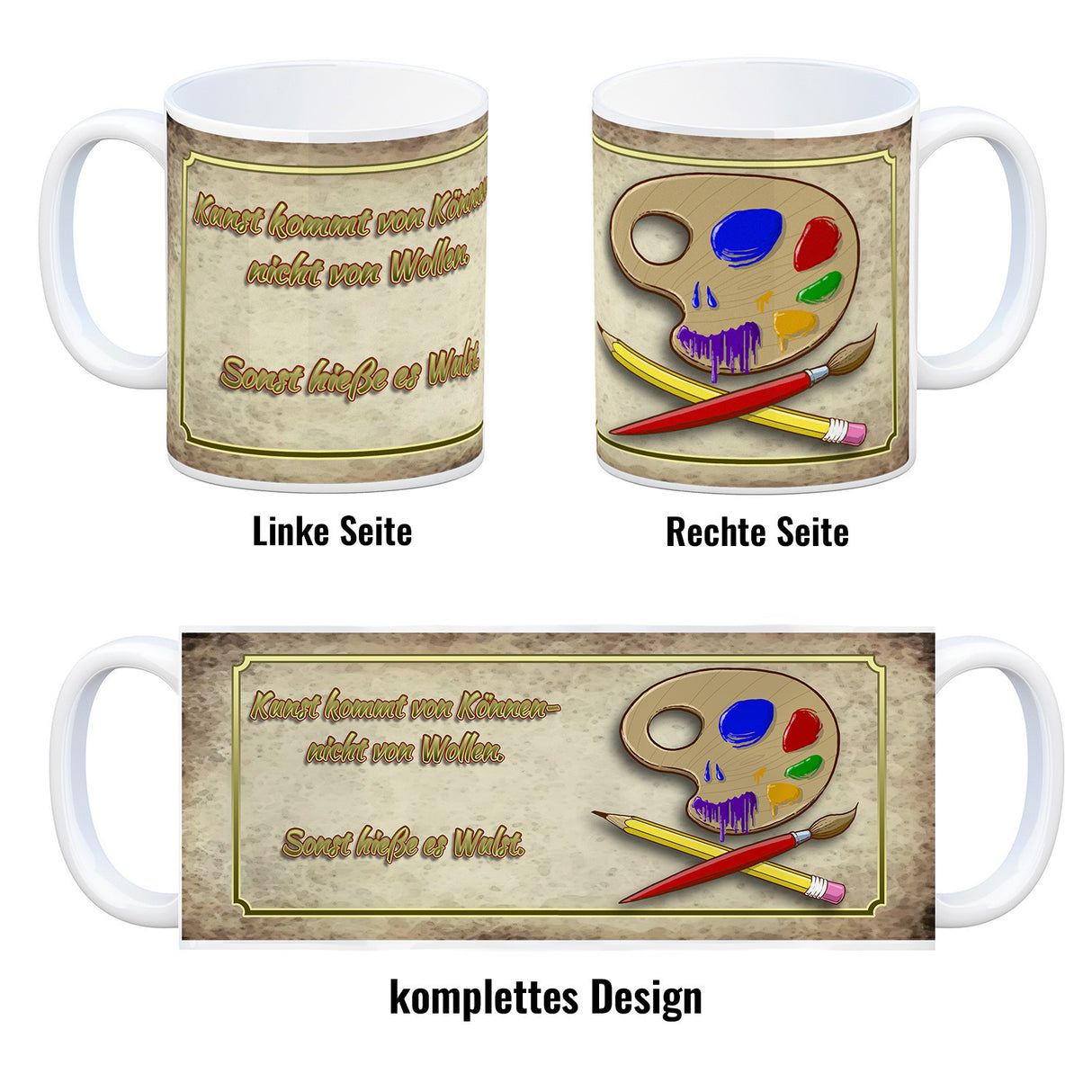 Kaffeebecher mit Motiv und Spruch - Kunst kommt von Können nicht von Wollen