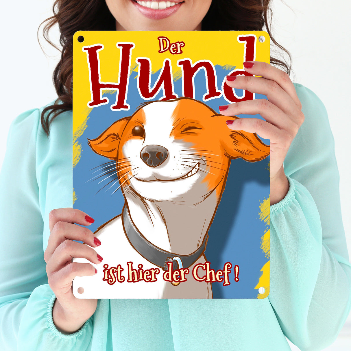 Metallschild mit süßem Hunde Motiv und Spruch - Der Hund ist hier der Chef!