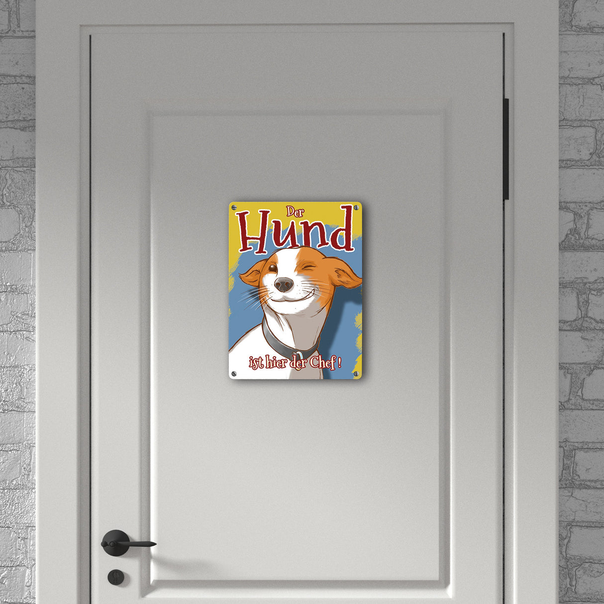 Metallschild mit süßem Hunde Motiv und Spruch - Der Hund ist hier der Chef!