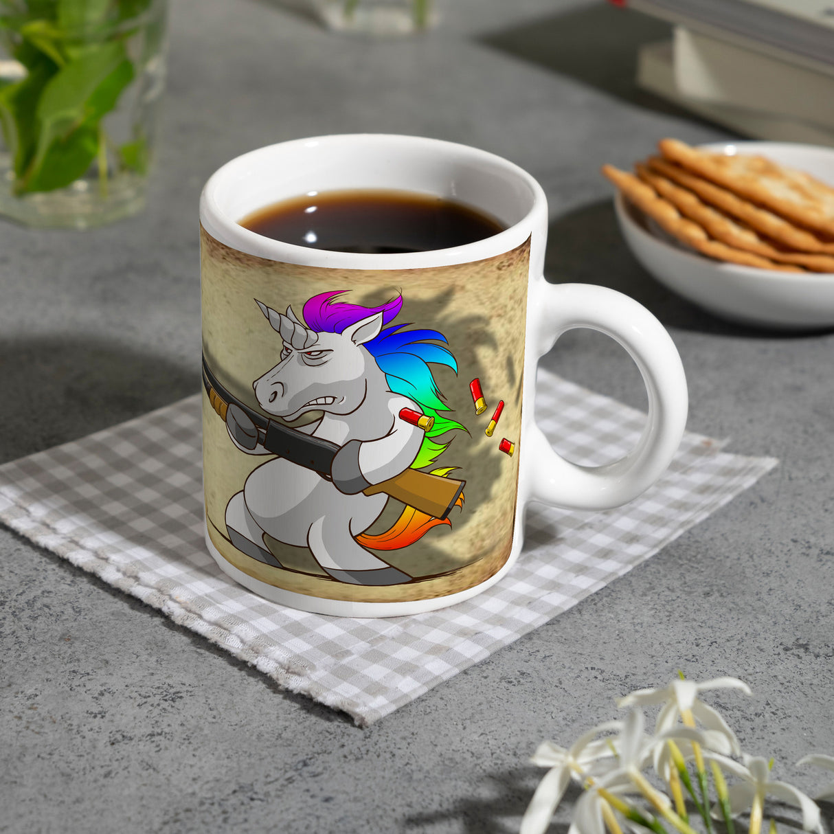 Kaffeebecher mit lustigem Einhorn mit Gewehr Motiv - SCHLUSS MIT LUSTIG!