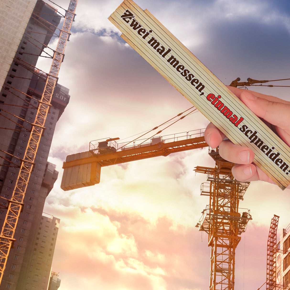 Meterstab aus Holz mit Spruch für Handwerker - Zwei mal messen, einmal schneiden!