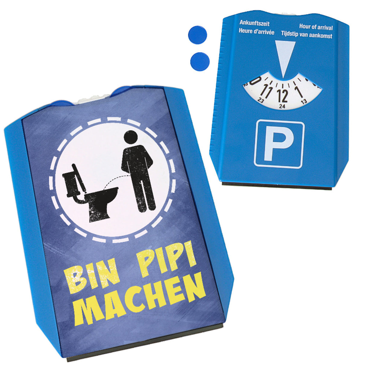 Bin Pipi machen Parkscheibe mit Eiskratzer und 2 Einkaufswagenchips