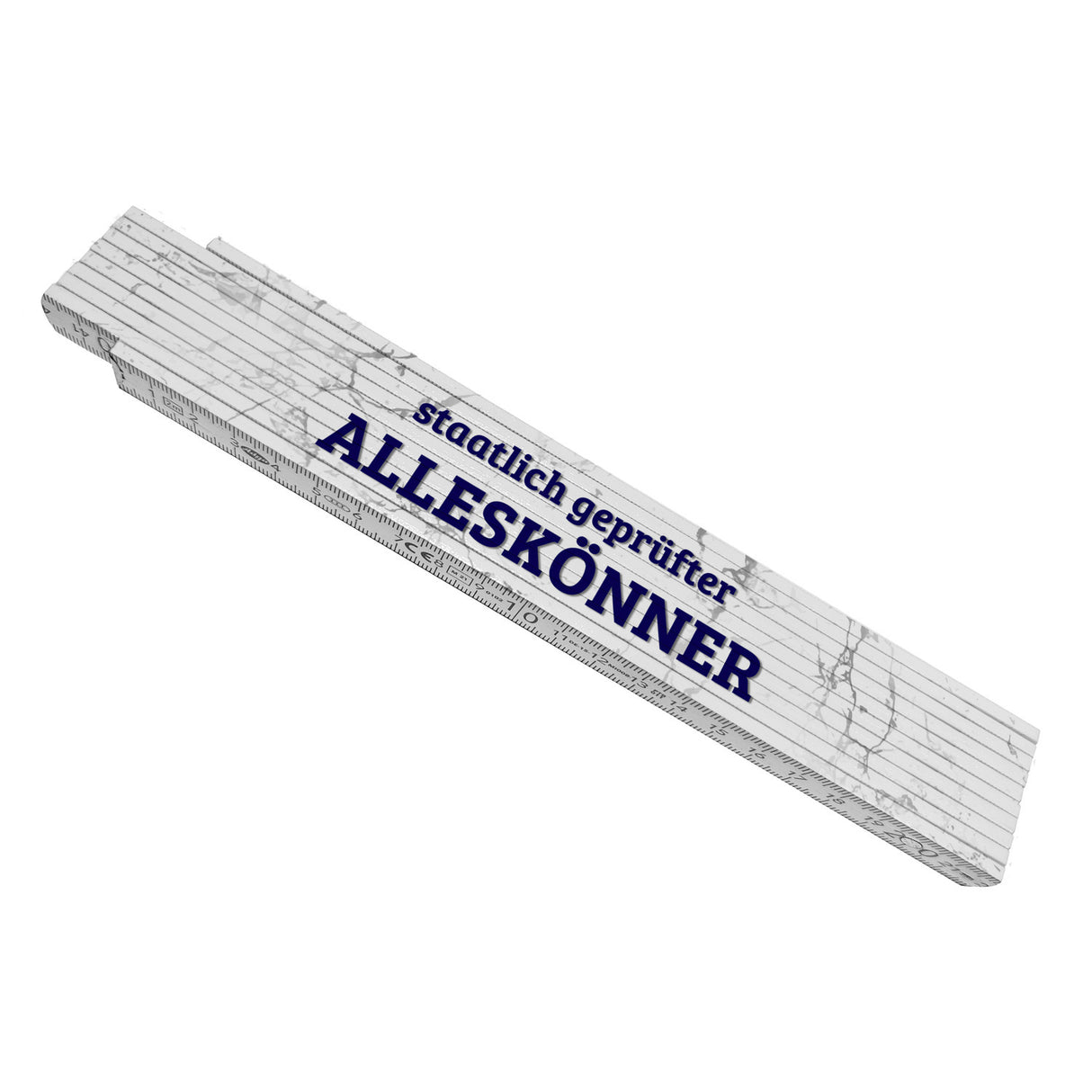 Alleskönner Meterstab aus Holz mit Marmorhintergrund