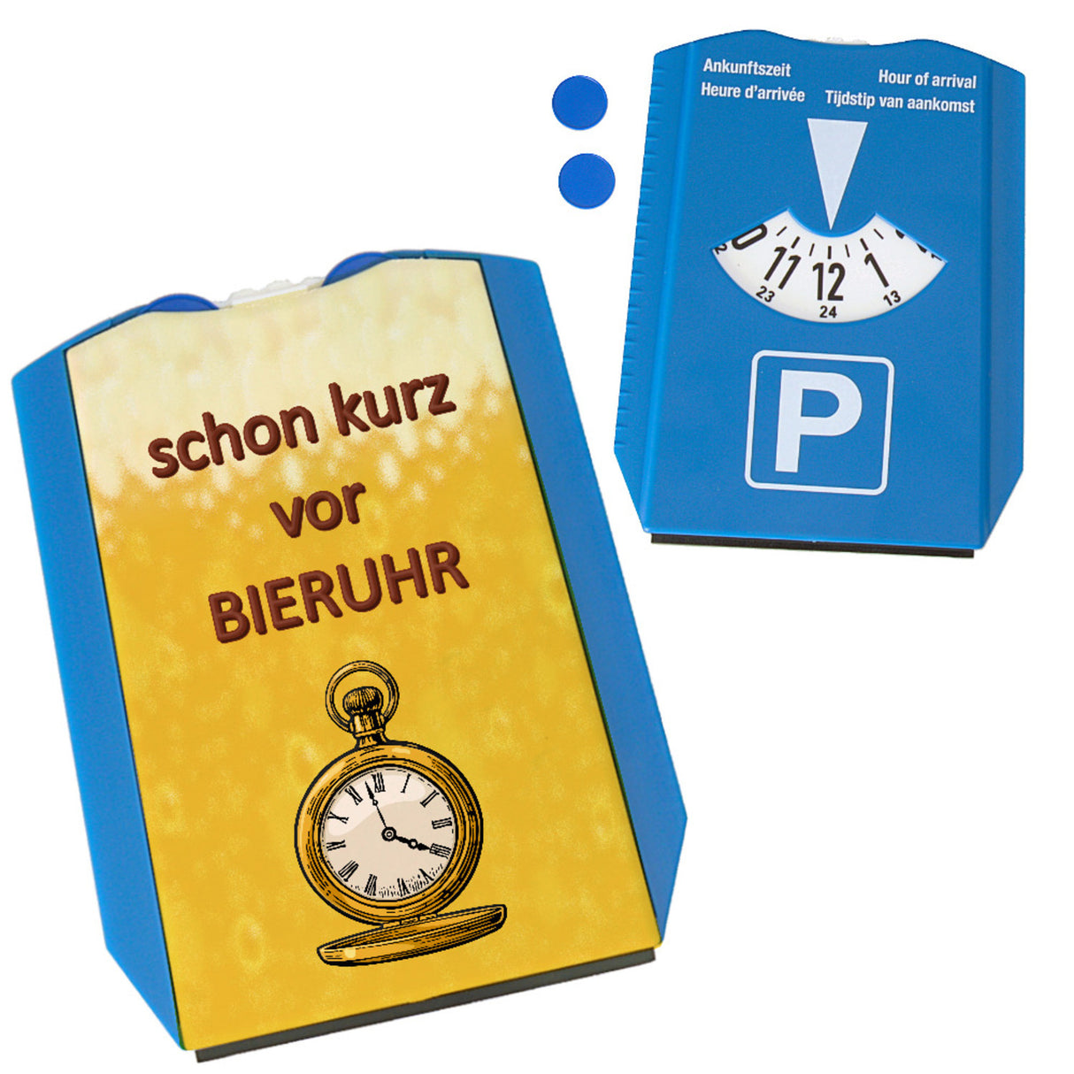 Bier Parkscheibe mit Spruch schon kurz vor Bieruhr mit 2 Einkaufswagenchips
