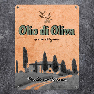 Metallschild in 15x20 cm mit mediterranem Olivenölmotiv Olio di Oliva für die Küche