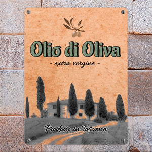 Metallschild in 15x20 cm mit mediterranem Olivenölmotiv Olio di Oliva für die Küche