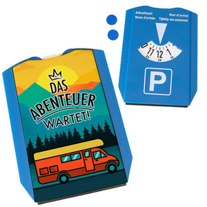 Das Abenteuer wartet Parkscheibe mit Reisemotiv und 2 Einkaufswagenchips