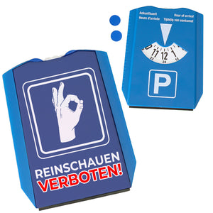 Reinschauen Verboten Parkscheibe mit witzigem Motiv und 2 Einkaufswagenchips