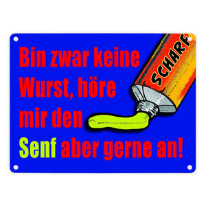 Bin zwar keine Wurst Metallschild im Comicstil mit Senf Motiv und Spruch