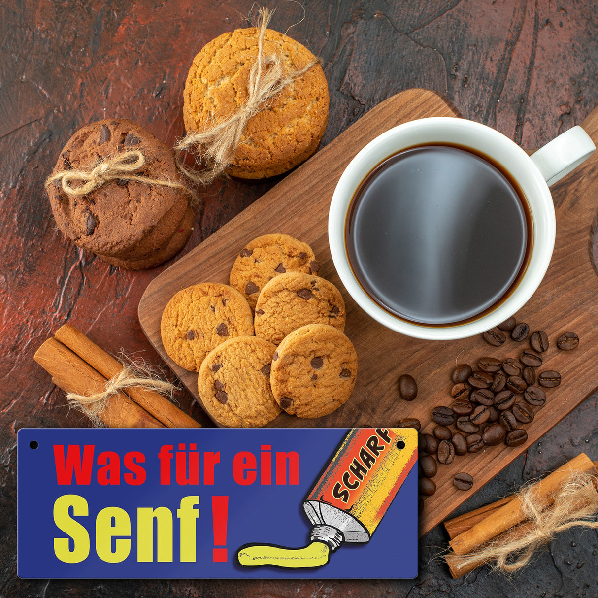 Was für ein Senf! Metallschild im Comicstil mit Senfmotiv und Spruch