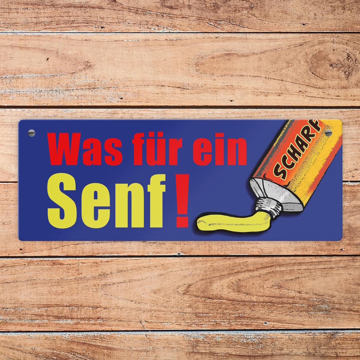 Was für ein Senf! Metallschild im Comicstil mit Senfmotiv und Spruch