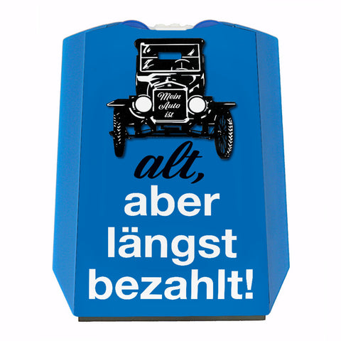Alt, aber längst bezahlt Parkscheibe mit Oldtimer und 2 Einkaufswagenchips
