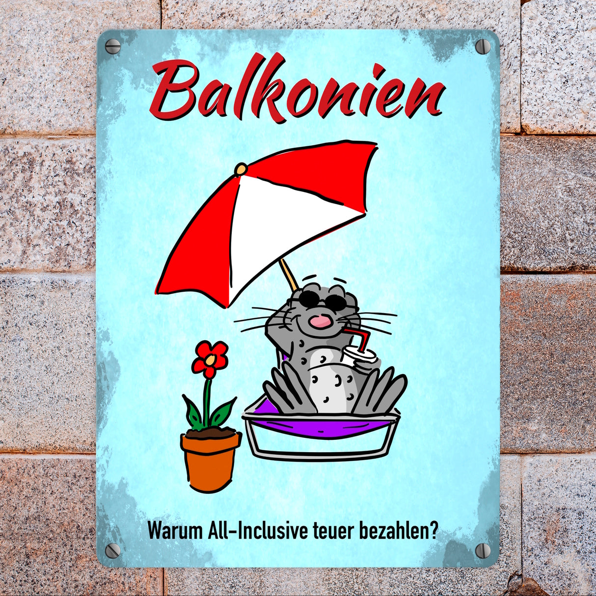 Balkonien Urlaub Metallschild mit Seeleopard auf dem Balkon