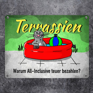 Terrassien Metallschild mit Seeleopard auf der Terrasse