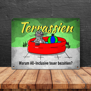 Terrassien Metallschild mit Seeleopard auf der Terrasse