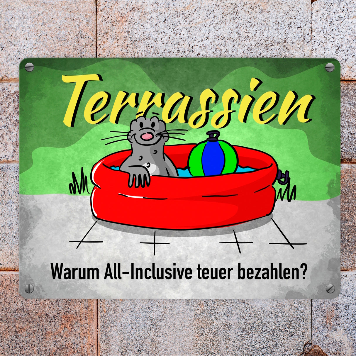 Terrassien Metallschild mit Seeleopard auf der Terrasse