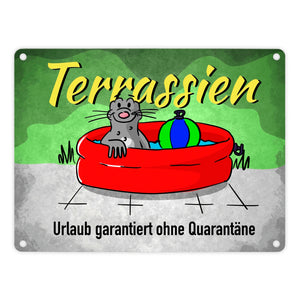 Terrassien Metallschild mit Seeleopard auf der Terrasse