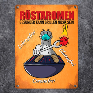 Röstaromen Metallschild mit Seeleopard beim Grillen