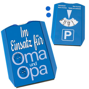 Parkscheibe mit Spruch: Im Einsatz für Oma und Opa mit 2 Einkaufswagenchips
