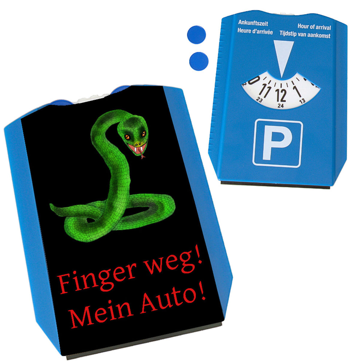 Parkscheibe mit Schlange und lustigem Spruch auf schwarzem Hintergrund