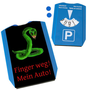 Parkscheibe mit Schlange und lustigem Spruch auf schwarzem Hintergrund